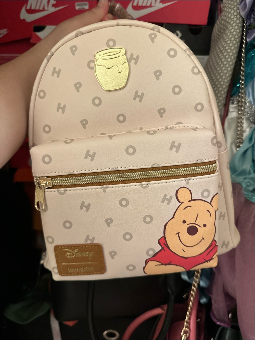 Disney Pink Winnie the Pooh Mini Backpack with Gold Accents